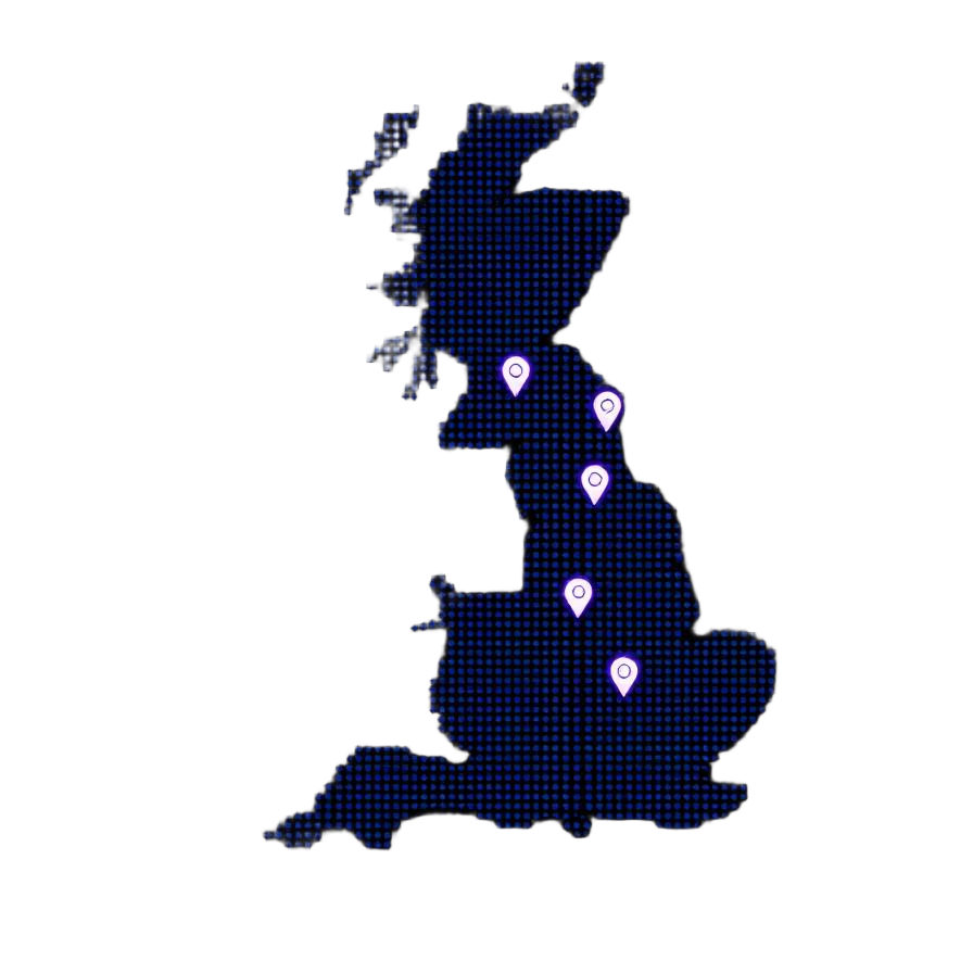 Map of the UK highlighting Newcastle, Leeds, Manchester, Liverpool, Sheffield, Durham, York and Edinburgh